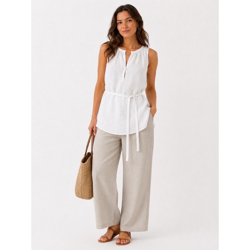 Eileen Fisher Petite PM White Irish Linen Sleeveless Tunic Top Belted Luxury
